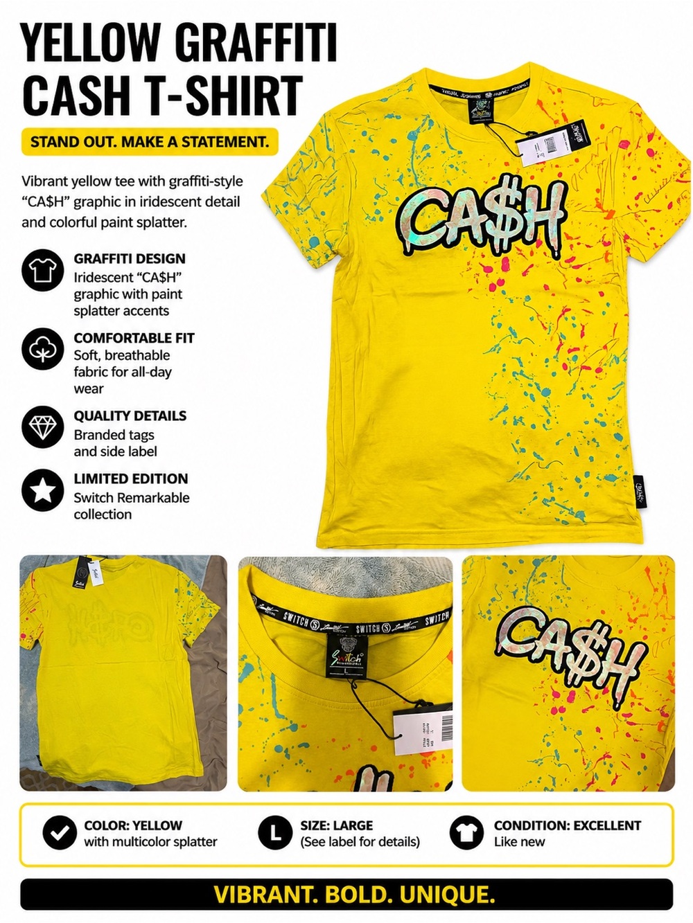 Switch Yellow Graffiti CA$H Short - Sleeve Tee - Size Large